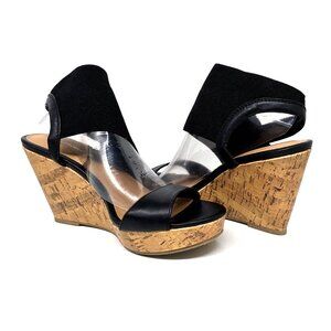 American Eagle Wedge Shoes Black Elastic Straps Cork Wood Heels Women's Size 8.5